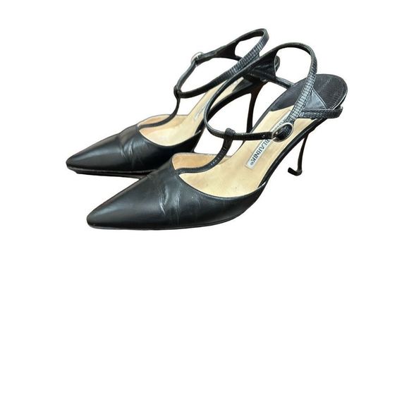 Manolo Blahnik Black Leather Pointed Toe Ankle Strap Pumps Size 36 - Picture 2 of 5